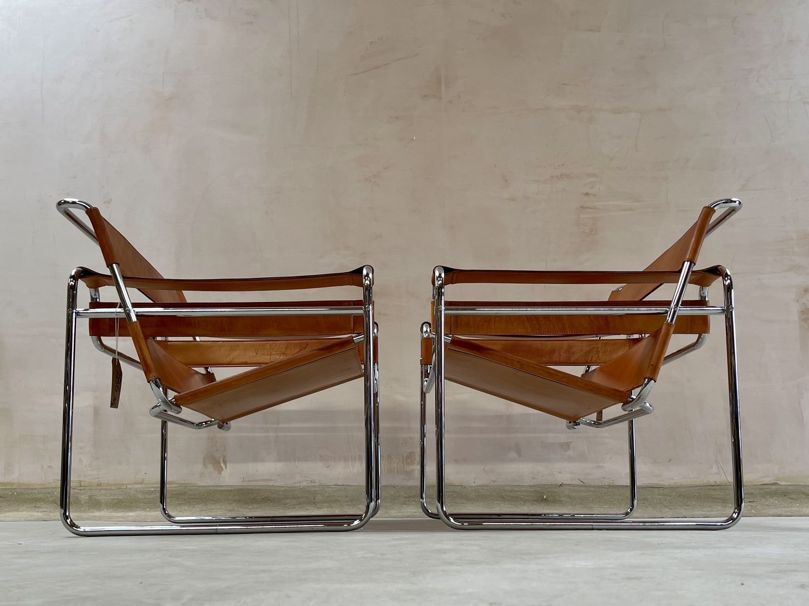 Wassily B3 Chair. Pair. By Fasem Not Knoll For Marcel Breuer. Brown Tan Leather And Chrome Bauhaus Lounge Club Accent Chairs.