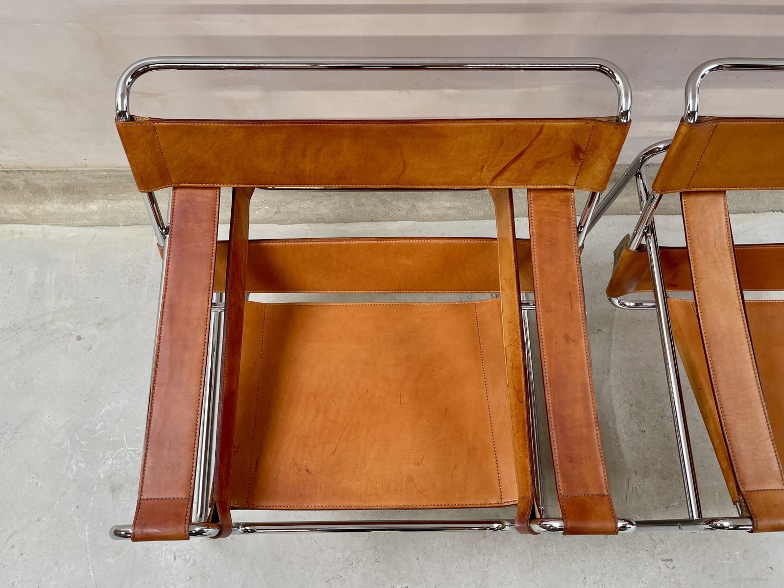 photo furniture Wassily B3 Chair. Pair. By Fasem Not Knoll For Marcel Breuer. Brown Tan Leather And Chrome Bauhaus Lounge Club Accent Chairs.