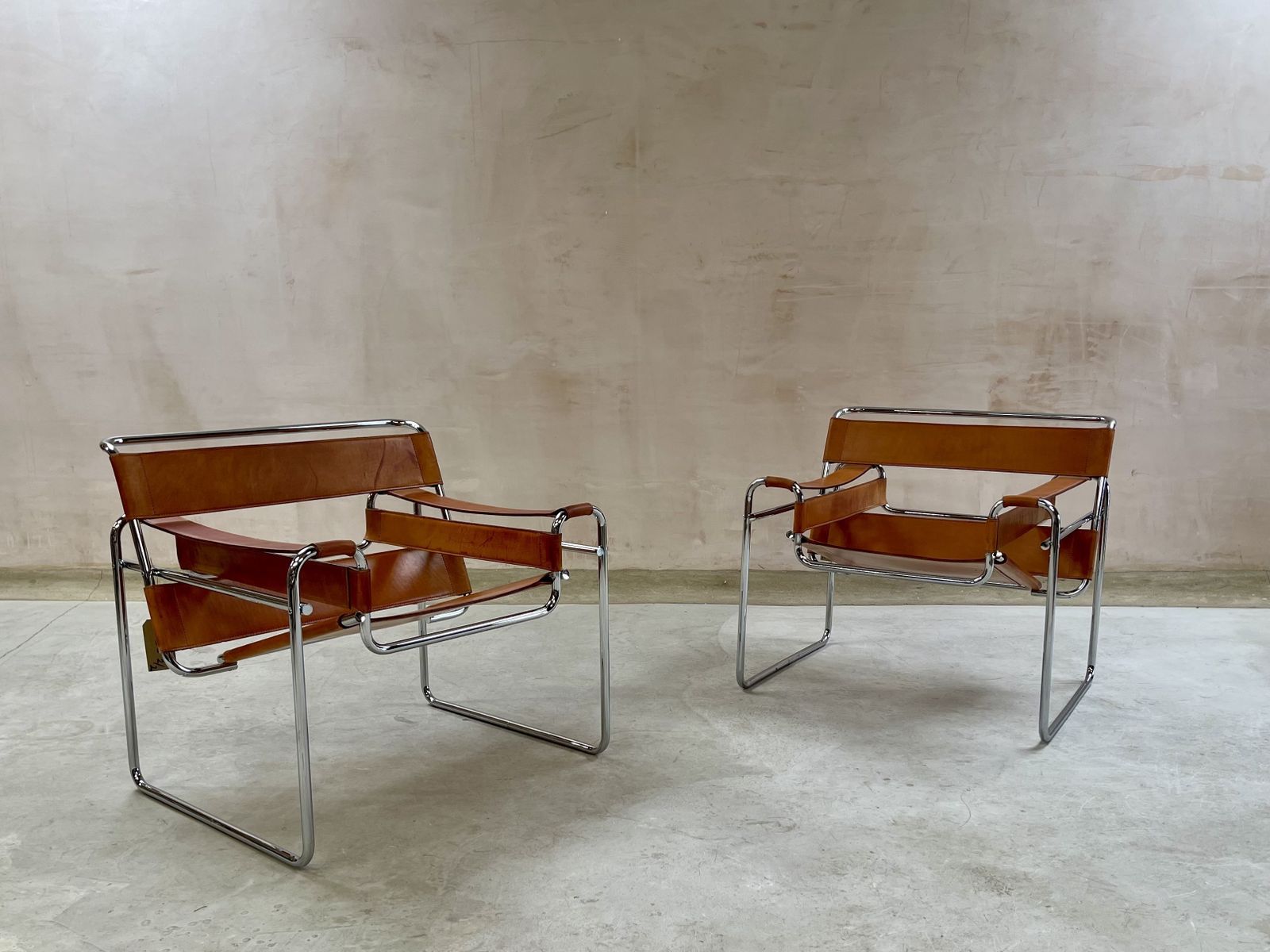 3295.0 Wassily B3 Chair. Pair. By Fasem Not Knoll For Marcel Breuer. Brown Tan Leather And Chrome Bauhaus Lounge Club Accent Chairs. photo