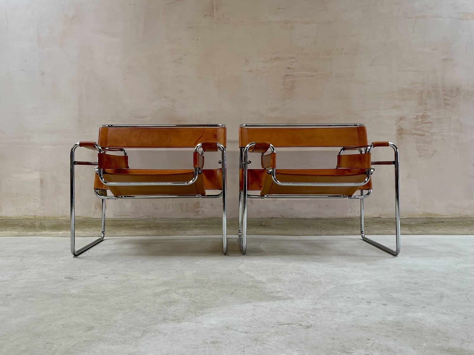 photo buy Wassily B3 Chair. Pair. By Fasem Not Knoll For Marcel Breuer. Brown Tan Leather And Chrome Bauhaus Lounge Club Accent Chairs.