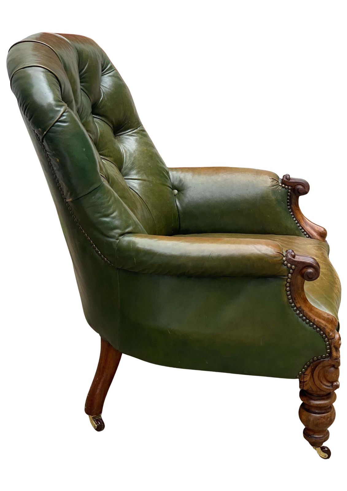 Victorian Polished Racing Green Leather Chesterfield Armchair With Brass Stud Detailing On Brown Porcelain Castors photo vinterior