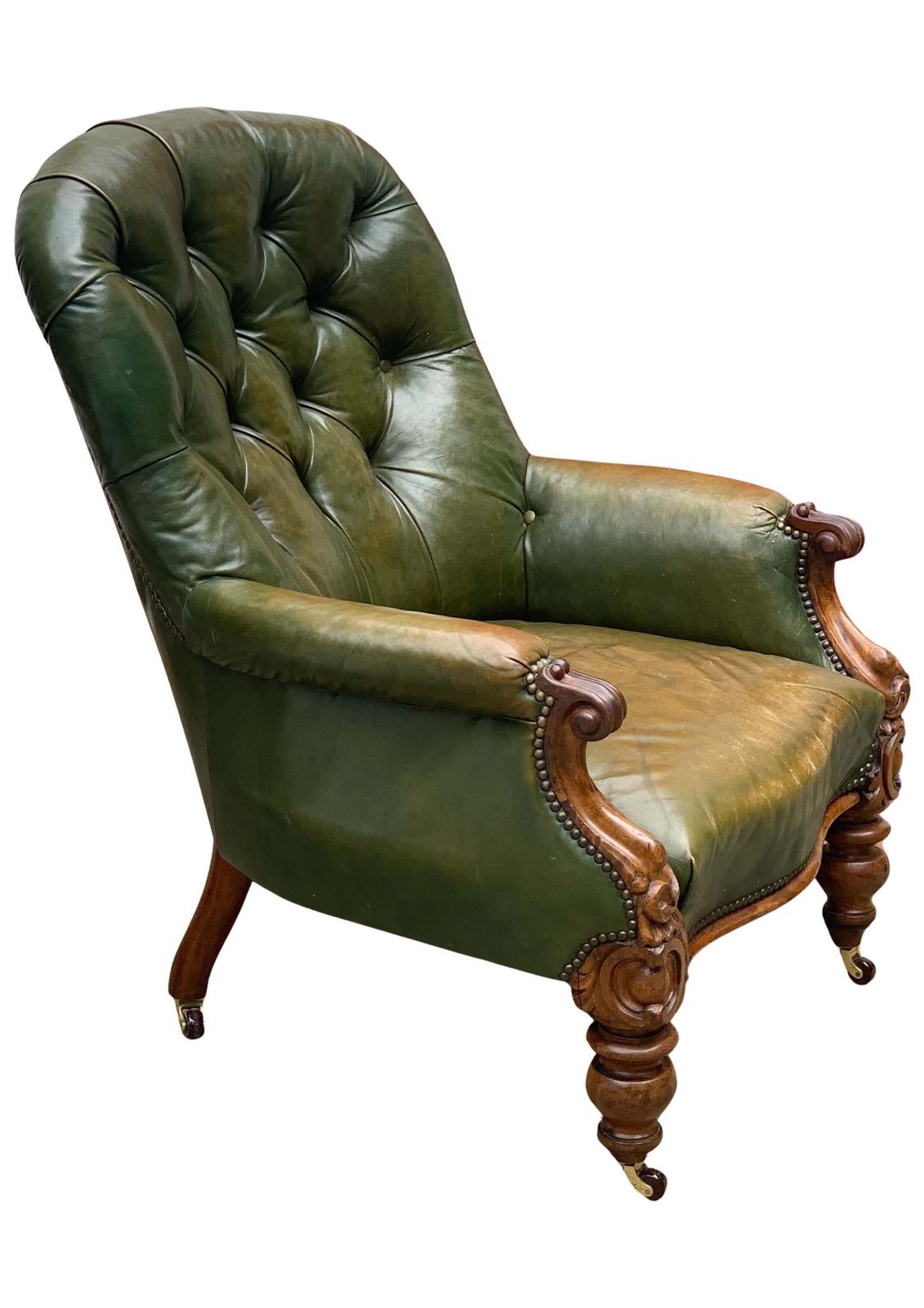 Victorian Polished Racing Green Leather Chesterfield Armchair With Brass Stud Detailing On Brown Porcelain Castors photo vintage