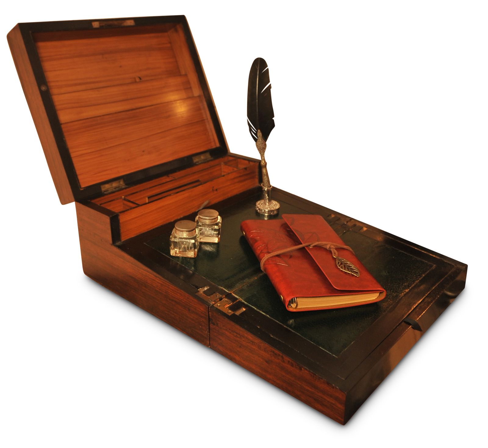 Elegant 19th Century Victorian Flame Mahogany Decorative Inlaid Fitted Writing Slope With Black Ebonised Accents & A Tooled Leather Interior photo Home Decor
