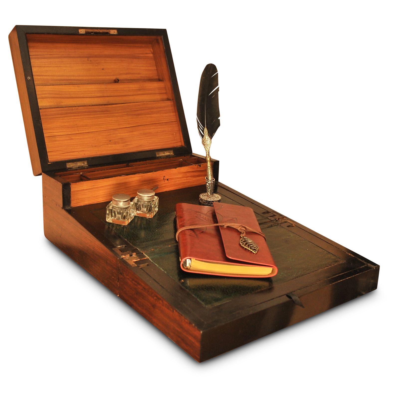 Elegant 19th Century Victorian Flame Mahogany Decorative Inlaid Fitted Writing Slope With Black Ebonised Accents & A Tooled Leather Interior photo vintage