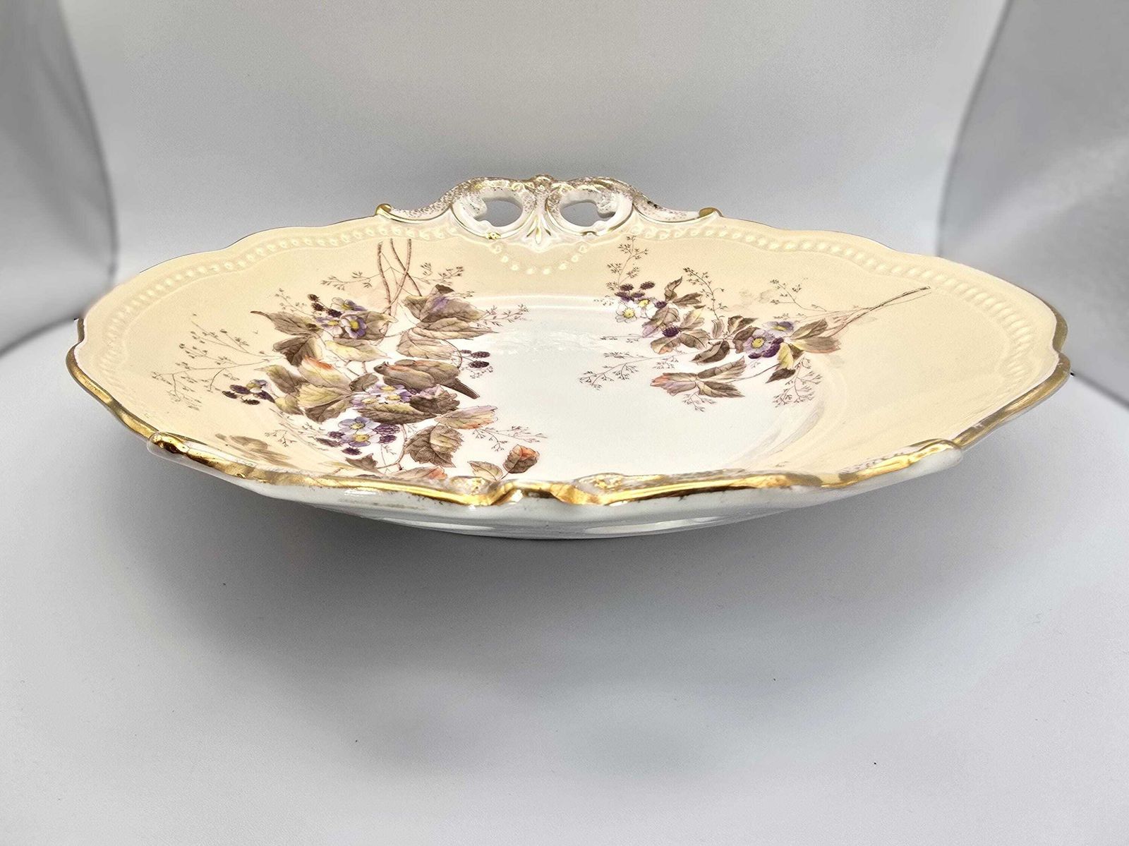 Antique Kpm Birds And Berries Platter   Autumn Themed Porcelain Charger   Hand Painted Cream And Gold Dish photo vinterior