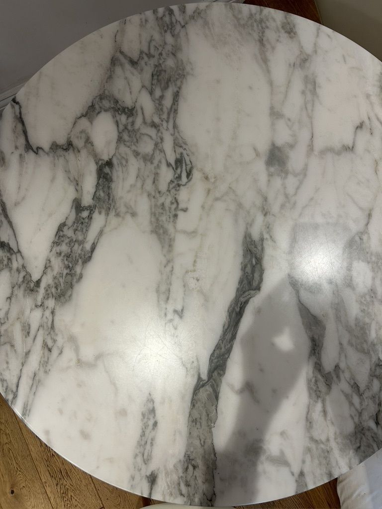 White Arabesco Marble Tulip Dining Table photo for sale