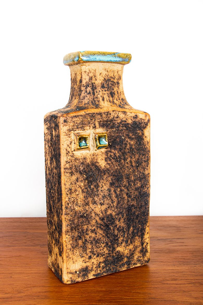 Pair Of Swedish Brutalist Style Stoneware Vases With Glazed Collar By Curt Magnus Addin 1960. photo 1250.0