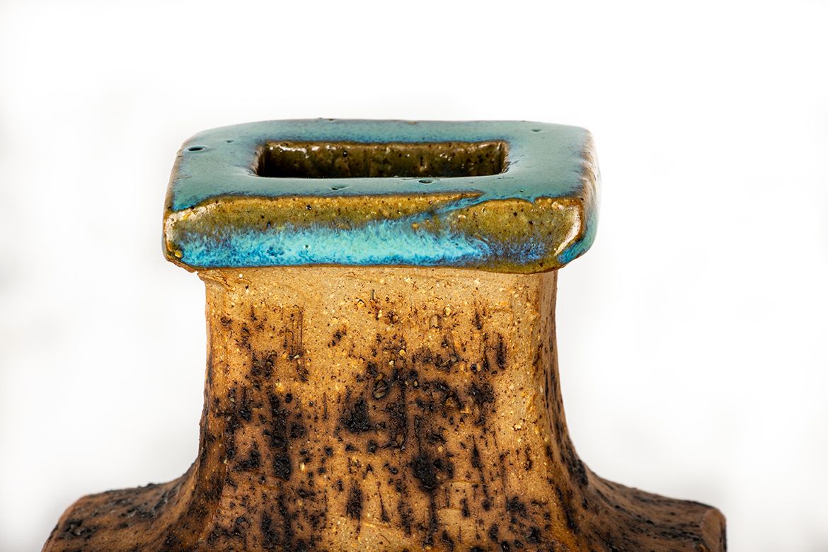 Pair Of Swedish Brutalist Style Stoneware Vases With Glazed Collar By Curt Magnus Addin 1960. photo buy