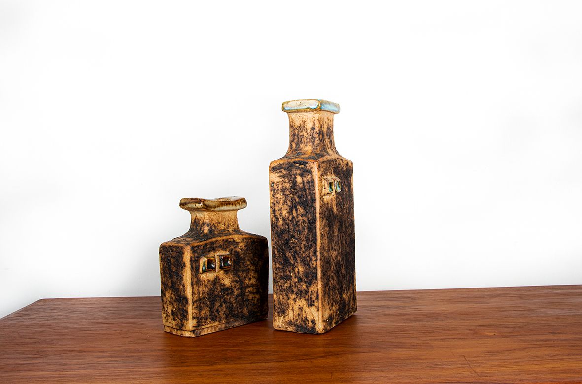 photo for sale Pair Of Swedish Brutalist Style Stoneware Vases With Glazed Collar By Curt Magnus Addin 1960.