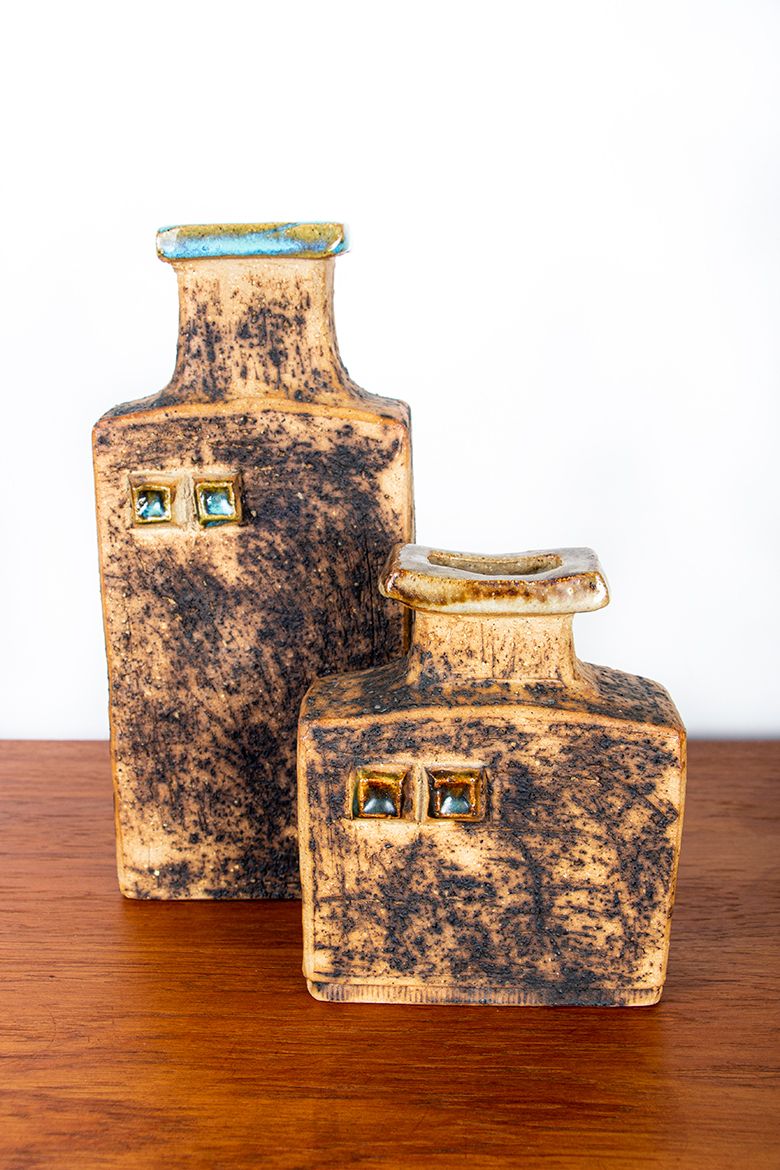 Pair Of Swedish Brutalist Style Stoneware Vases With Glazed Collar By Curt Magnus Addin 1960.