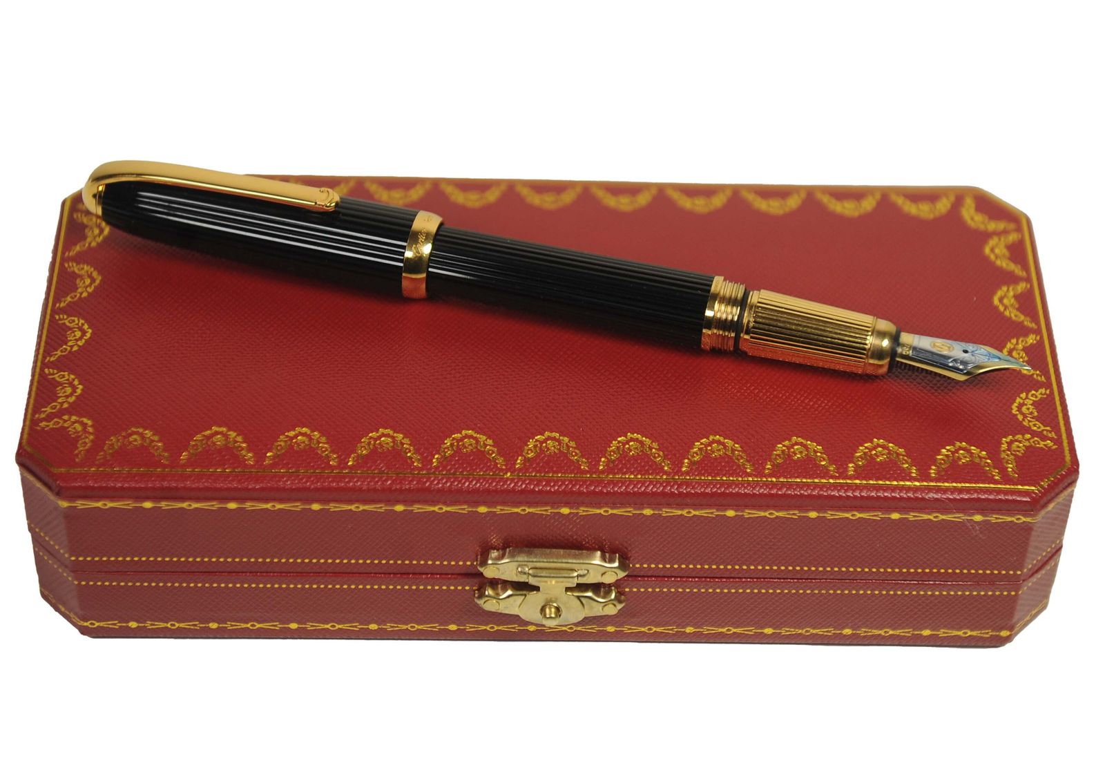1900.0 Cartier 18ct Gold Nib Louis Black Godron Ribbed Fountain Pen With Cartier Box, Finished With An Onyx Cabochon photo