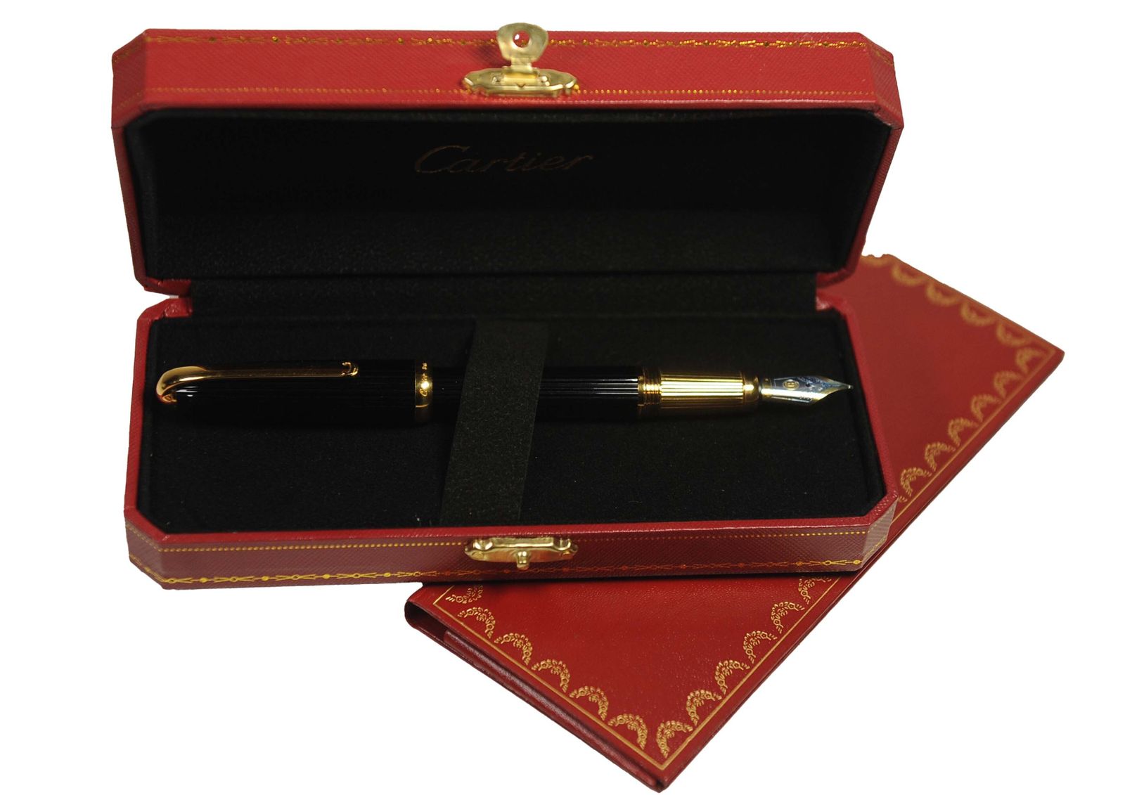 photo for sale Cartier 18ct Gold Nib Louis Black Godron Ribbed Fountain Pen With Cartier Box, Finished With An Onyx Cabochon