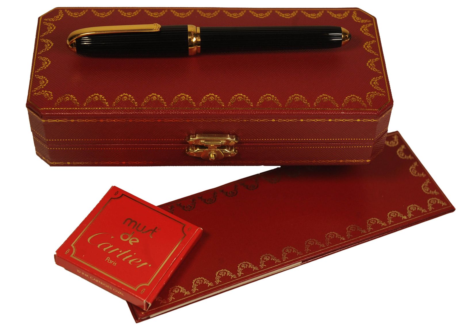 Cartier 18ct Gold Nib Louis Black Godron Ribbed Fountain Pen With Cartier Box, Finished With An Onyx Cabochon