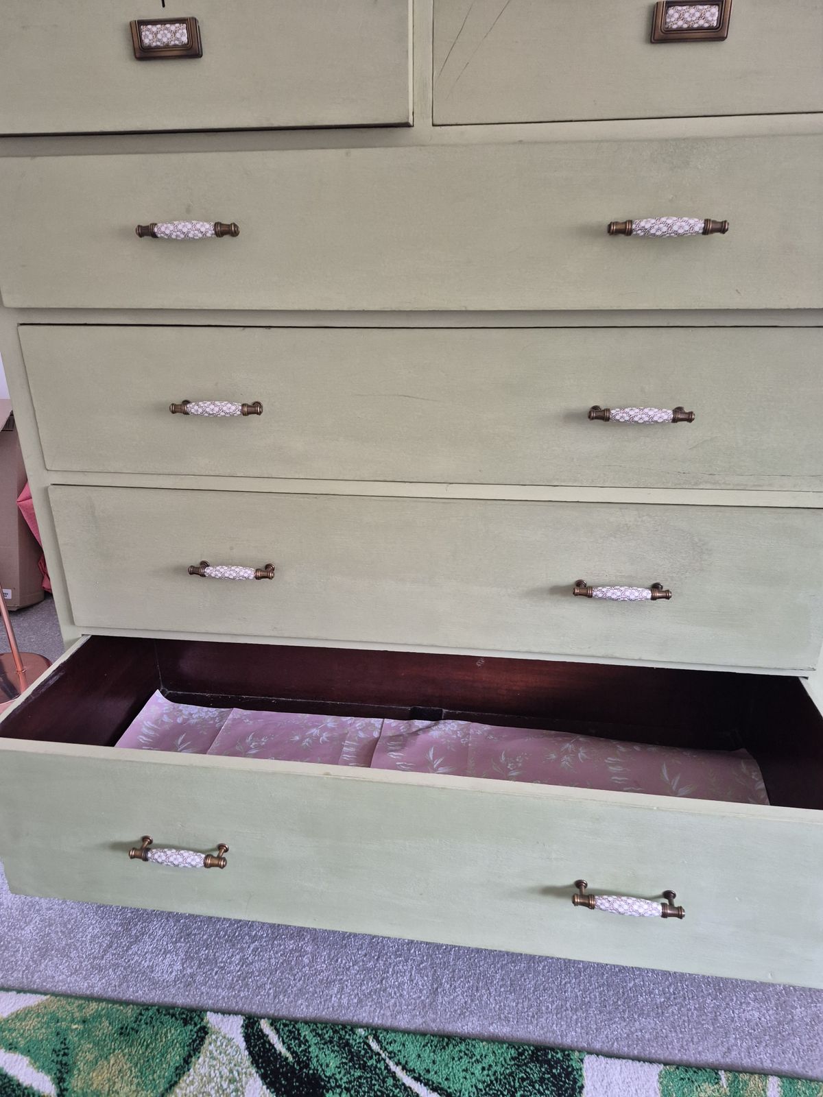 19th C Upcycled Mahogany Chest Of Drawers Green photo vintage