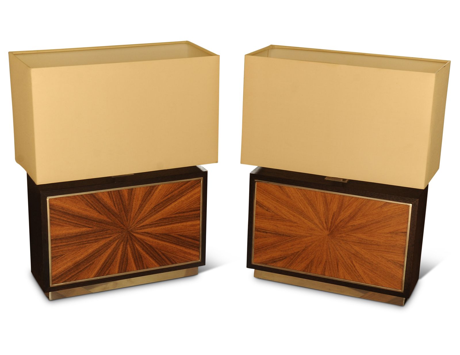 An Elegant Matching Set Of Two Chelsea Sun Burst Side Table Lamps With Chrome Stems & Shades By Viscount David Linley.