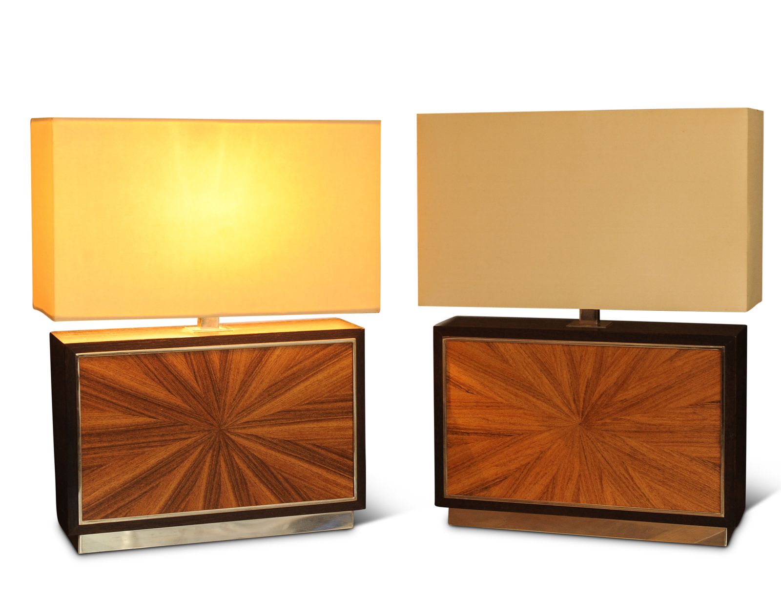 An Elegant Matching Set Of Two Chelsea Sun Burst Side Table Lamps With Chrome Stems & Shades By Viscount David Linley. photo for sale