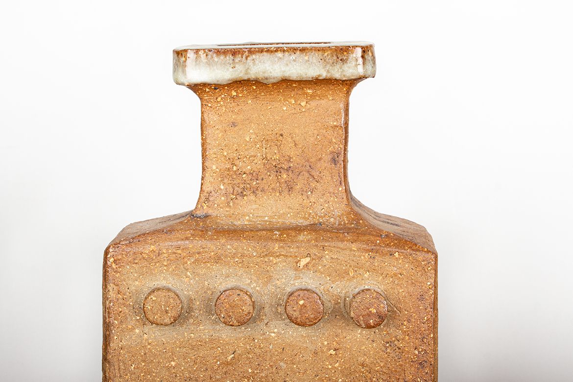 photo for sale Pair Of Swedish Brutalist Style Stoneware Vases With Glazed Collar By Curt Magnus Addin 1960.
