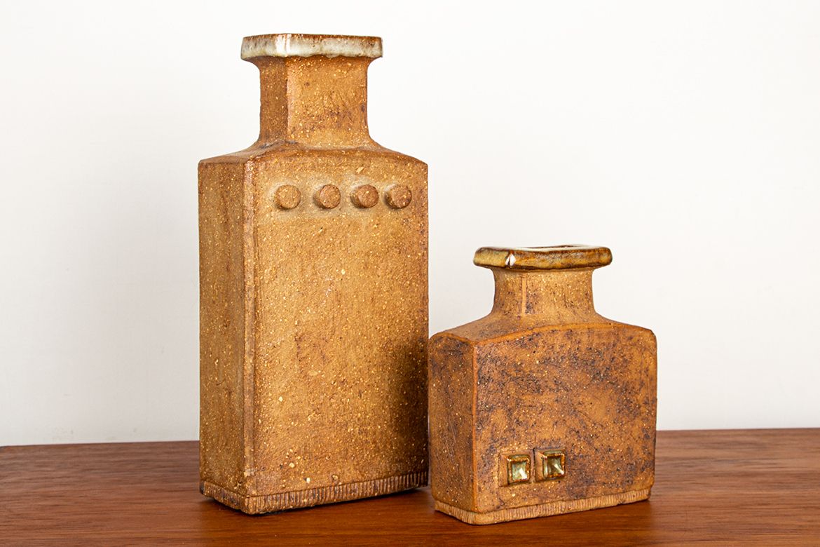 Pair Of Swedish Brutalist Style Stoneware Vases With Glazed Collar By Curt Magnus Addin 1960.