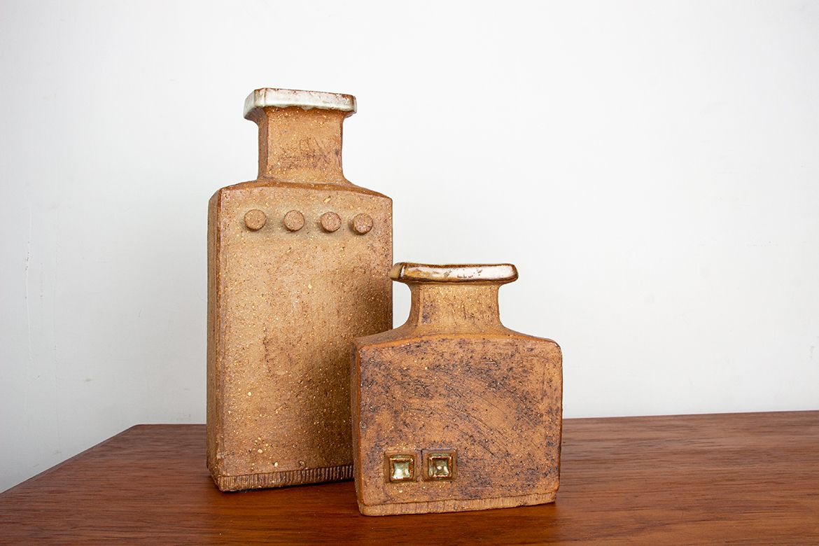 Home Decor Pair Of Swedish Brutalist Style Stoneware Vases With Glazed Collar By Curt Magnus Addin 1960. photo