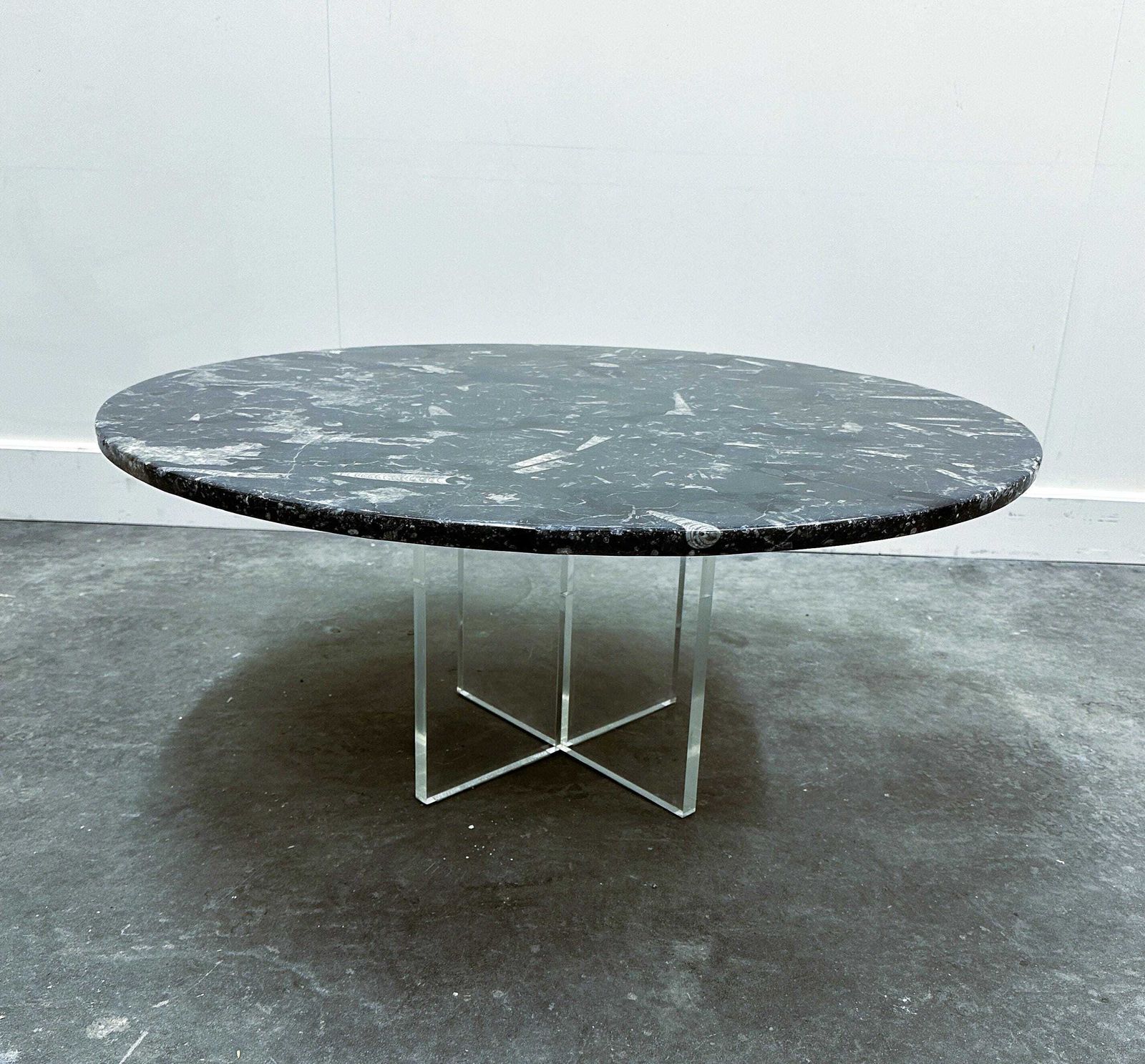 Fossil Stone Coffee Table On Plexiglass Cross Base, In The Style Of Heinz Lilienthal, 1970s