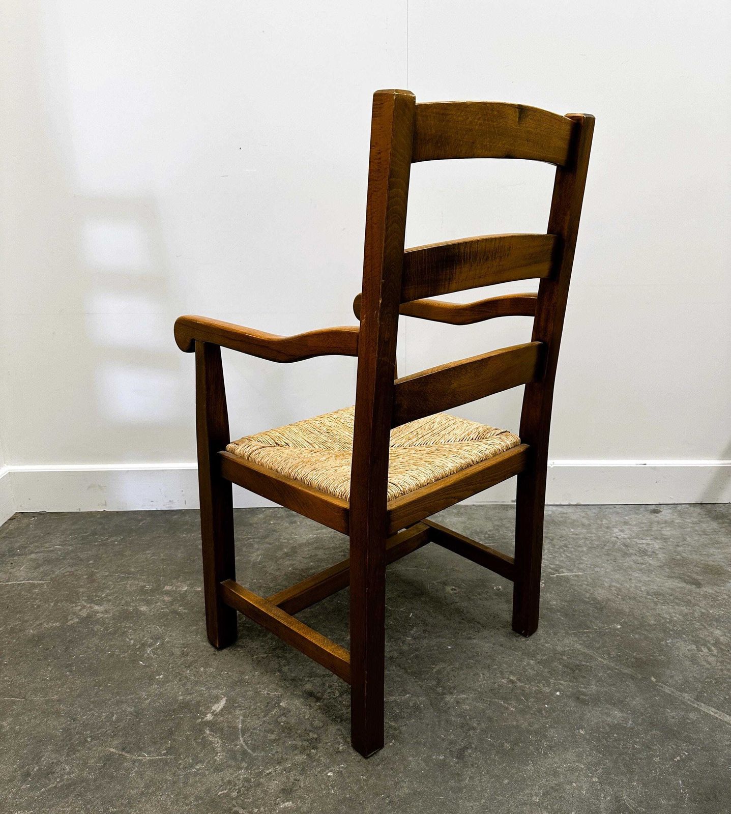 photo for sale Set Of 5 Large French Oak Dining Armchairs With Rush Seats, 1970s