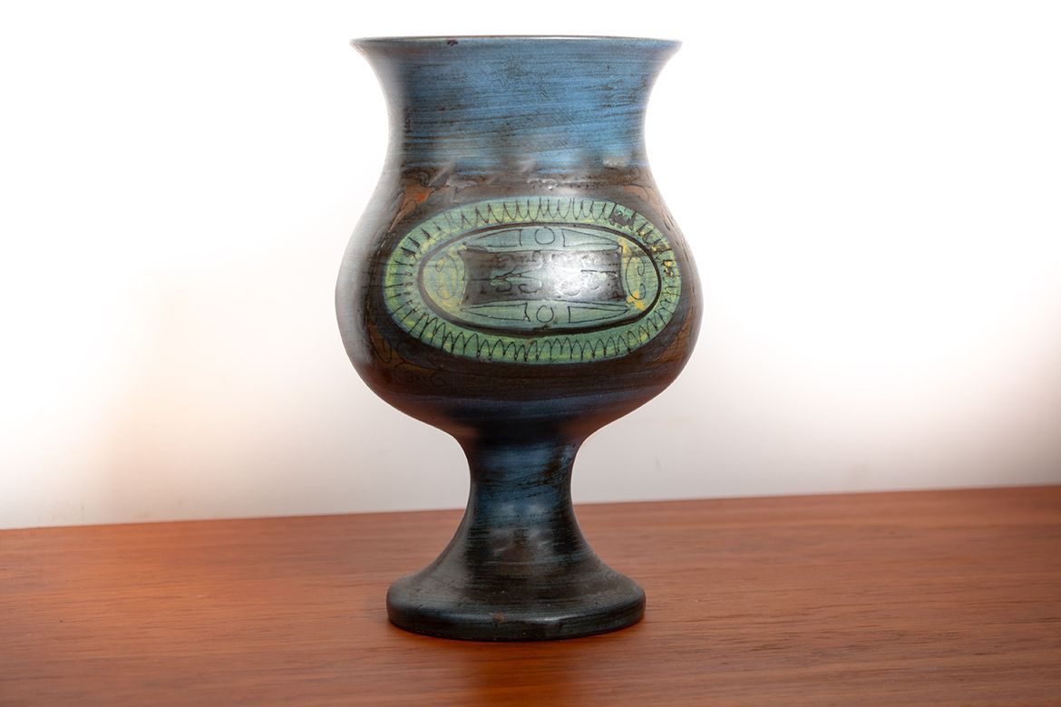 Vallauris, Modernist Vase In Blue And Green Glazed Ceramic By Jean De Lespinasse 1950. photo Home Decor