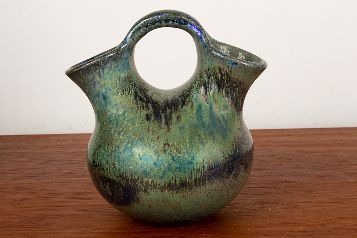 Vase double col Art déco en grès flammé irisé vert, par Alphonse Cytère, 1920. photo furniture