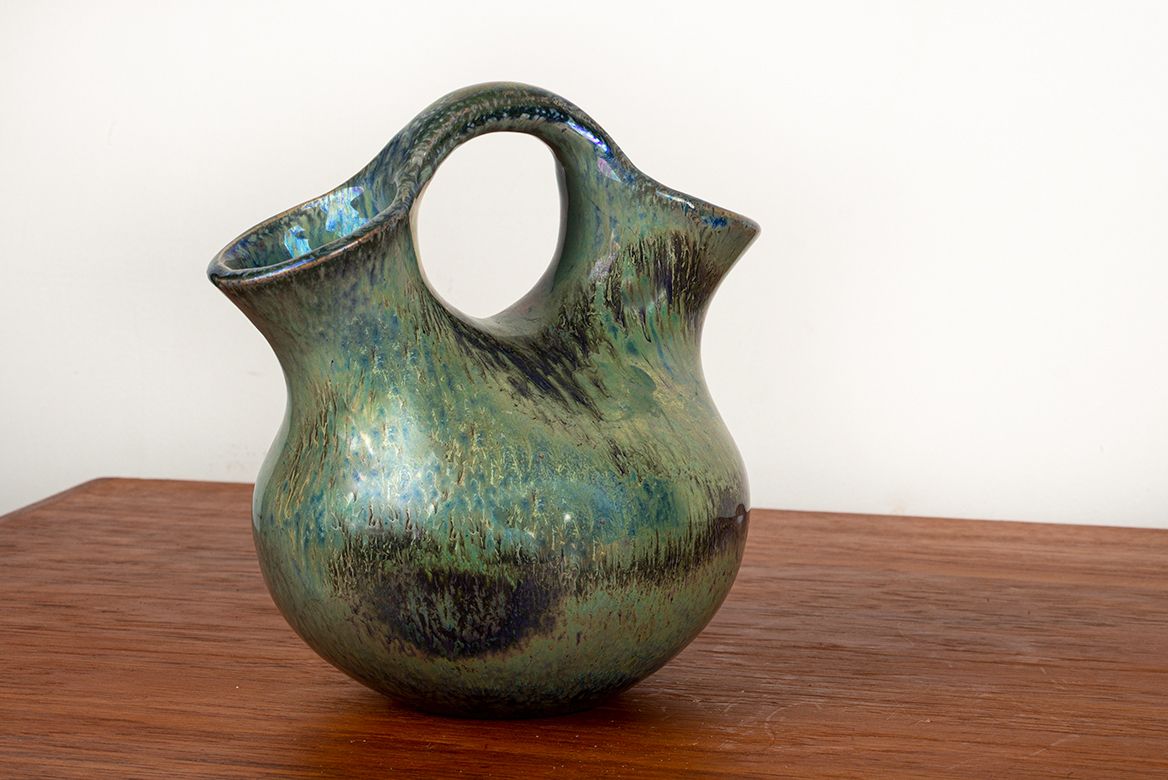 Vase double col Art déco en grès flammé irisé vert, par Alphonse Cytère, 1920. photo Décoration