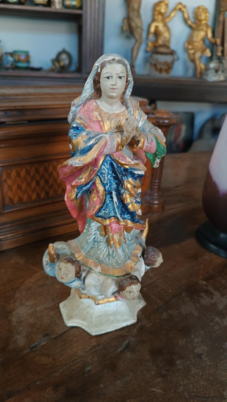 Antique Small Wooden Sculpture, Immaculate Madonna South America 19th Century
