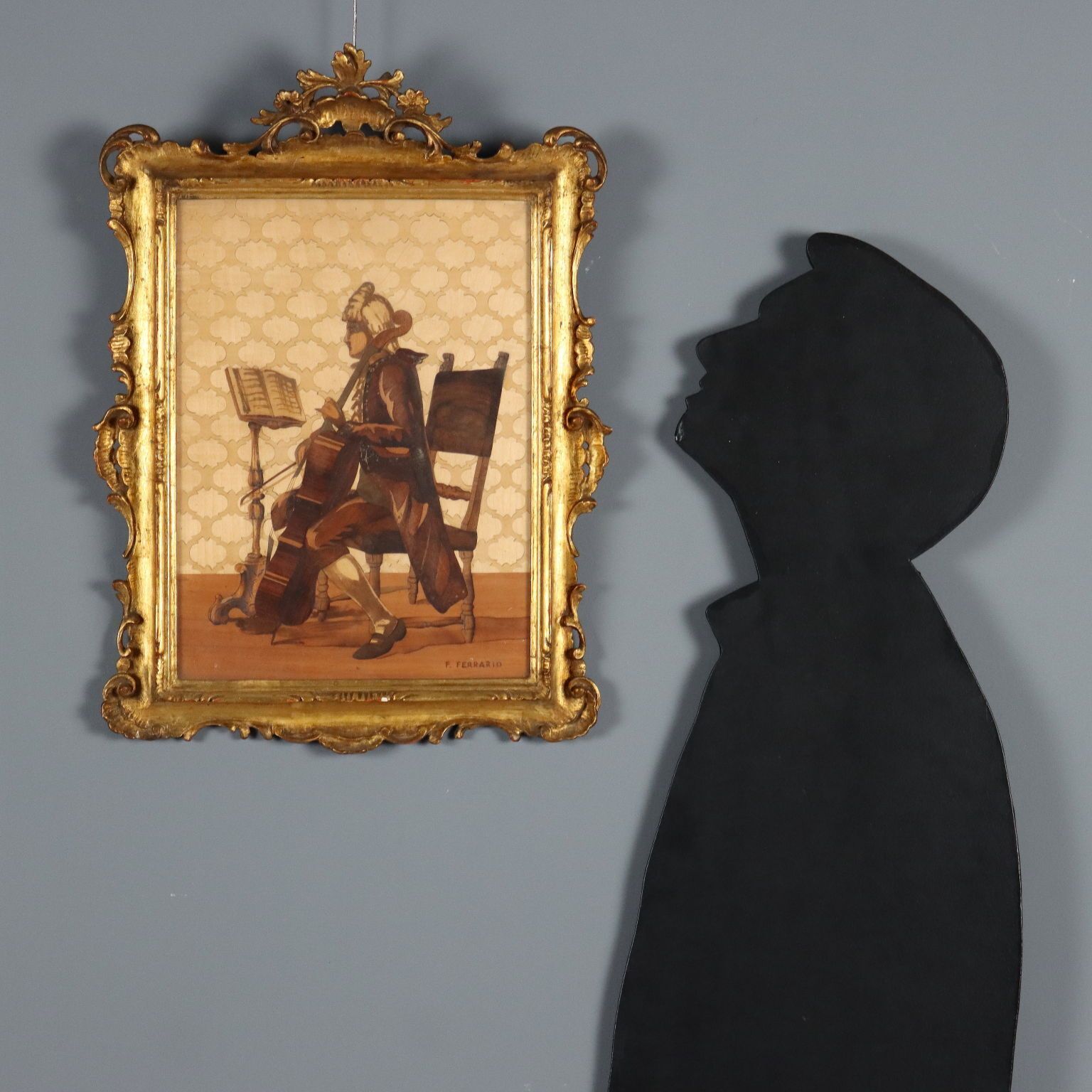 The Cellist Inlay Painting Signed Francesco Ferrario Italy 1930 Ca. photo for sale