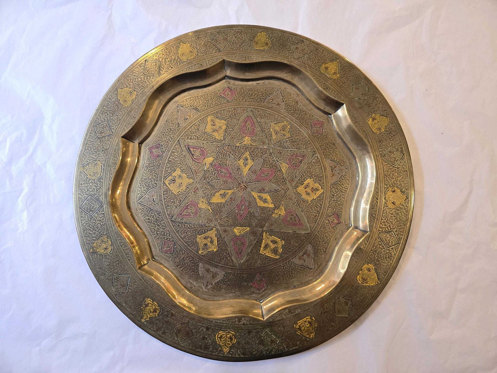 Antique Indian Large Brass Tray   Hand Etched With Red And Yellow Detail   Geometric Star And Flower Design photo Home Decor