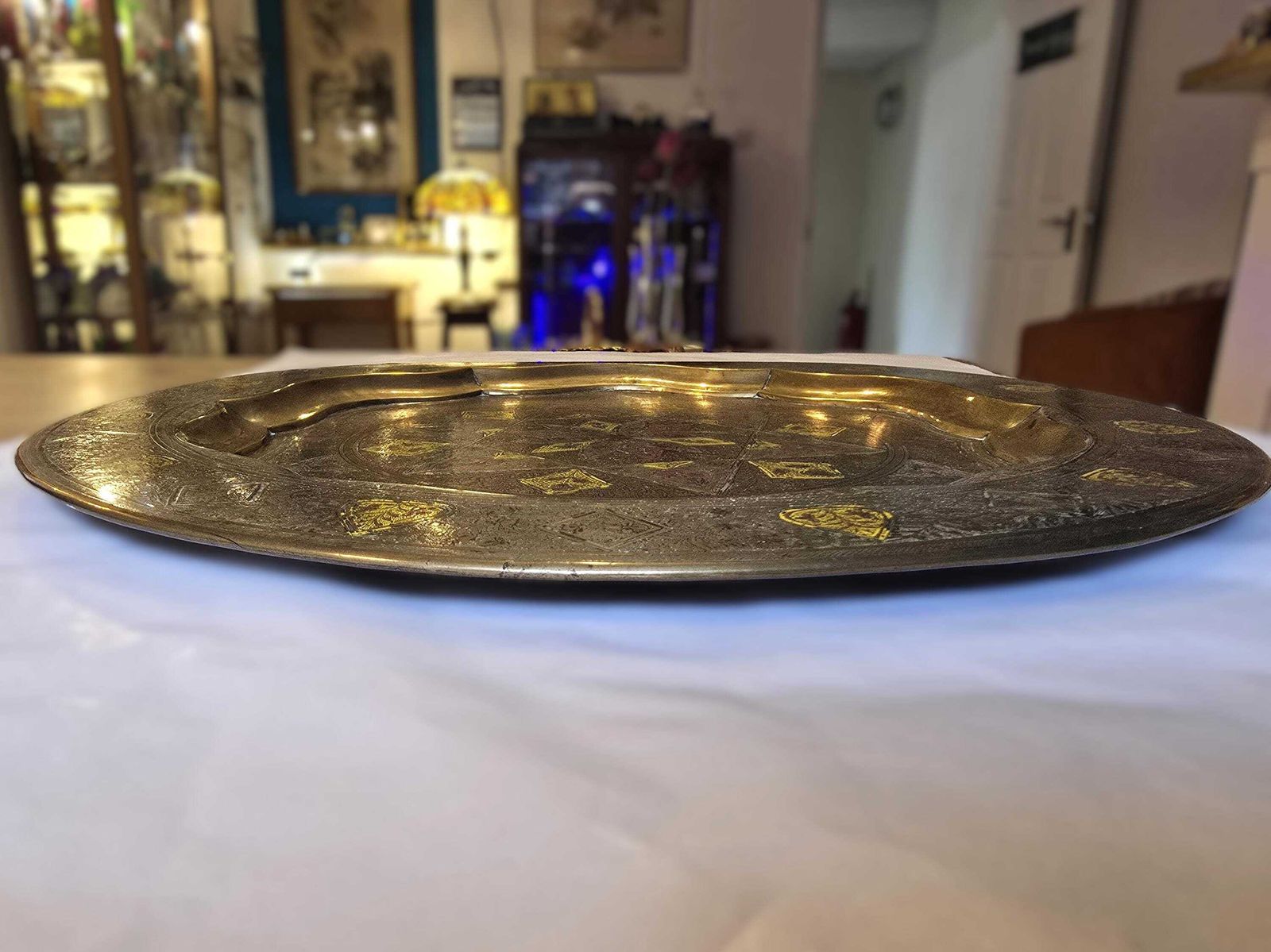 Antique Indian Large Brass Tray   Hand Etched With Red And Yellow Detail   Geometric Star And Flower Design photo vinterior