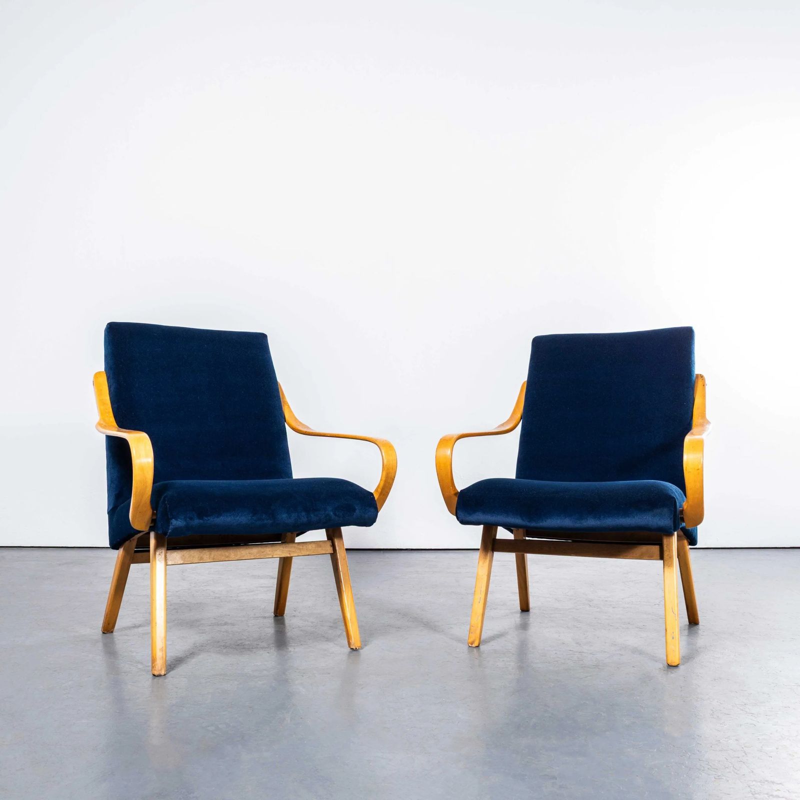 1950’s Jaroslav šmídek Navy Re Upholstered Armchairs – Pair