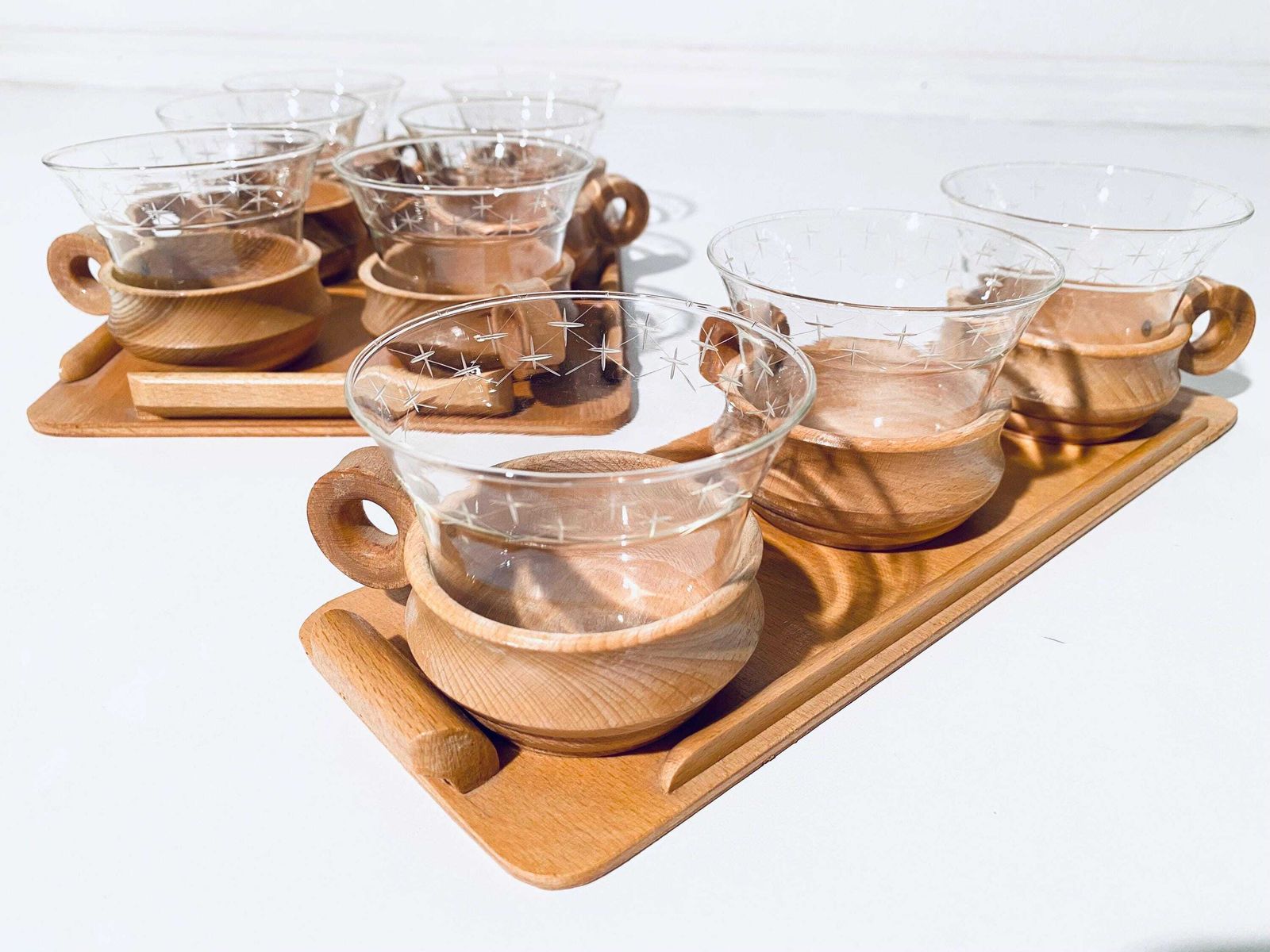 Mid Century Saale Glas Jena Gdr Tea Glasses Set With Tray & Nine Tea Glasses / Vintage Decor 1960s photo for sale