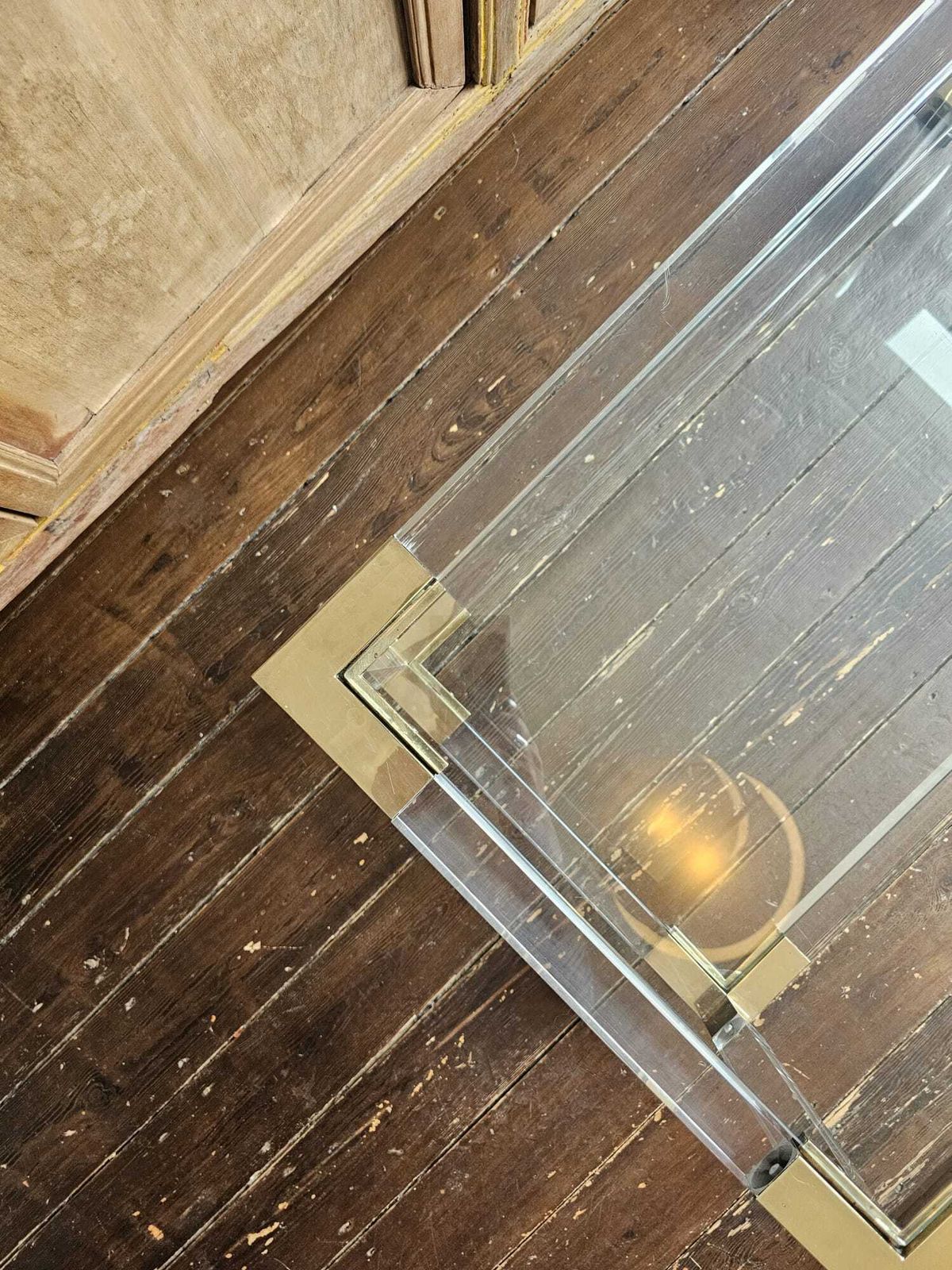 Glass, Lucite & Brass Coffee Table, 1970s, Charles Hollis Jones Style photo Furniture
