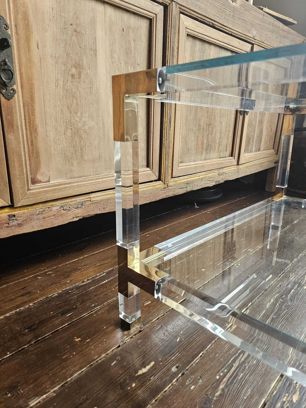 photo furniture Glass, Lucite & Brass Coffee Table, 1970s, Charles Hollis Jones Style