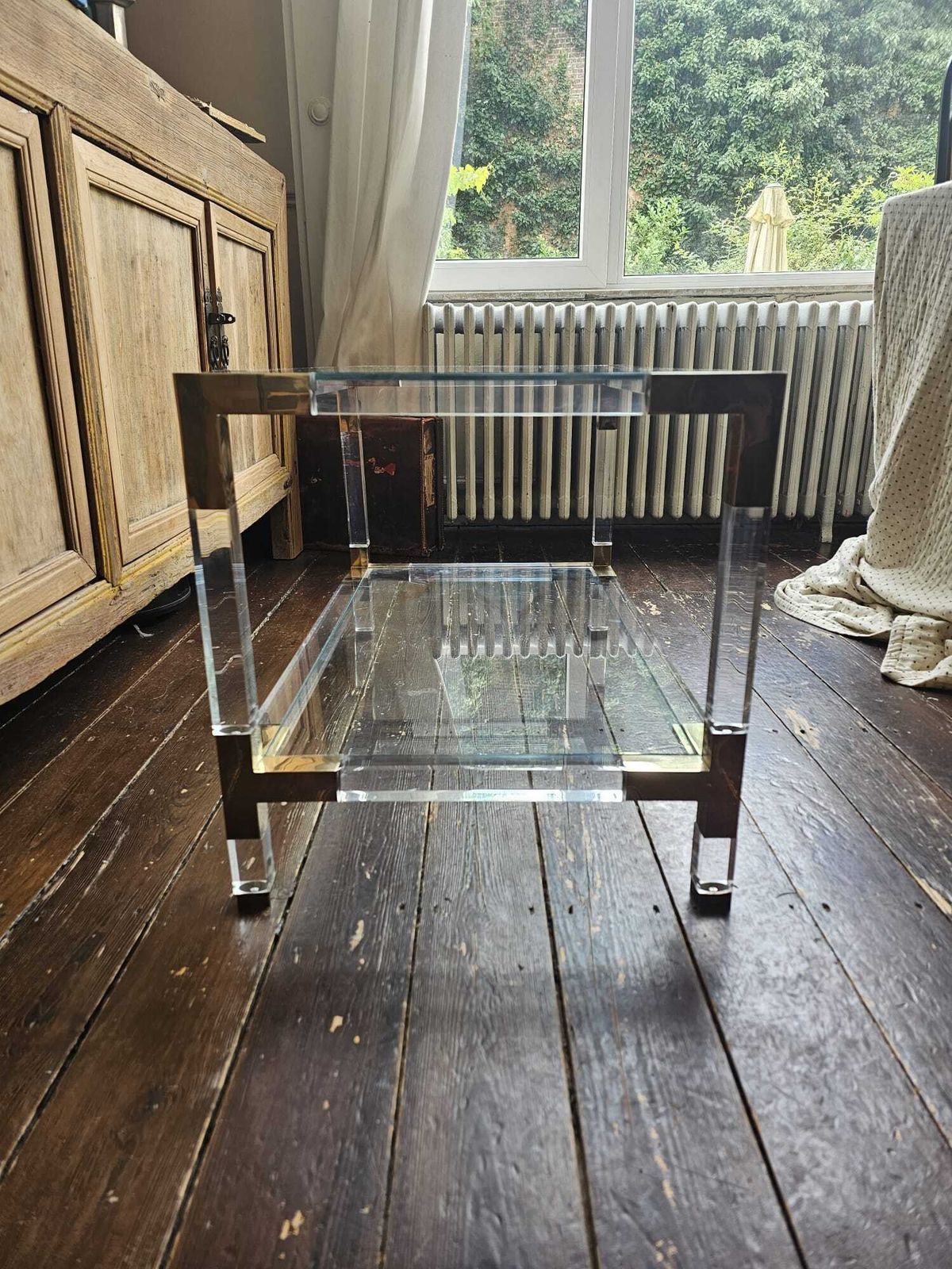 photo for sale Glass, Lucite & Brass Coffee Table, 1970s, Charles Hollis Jones Style