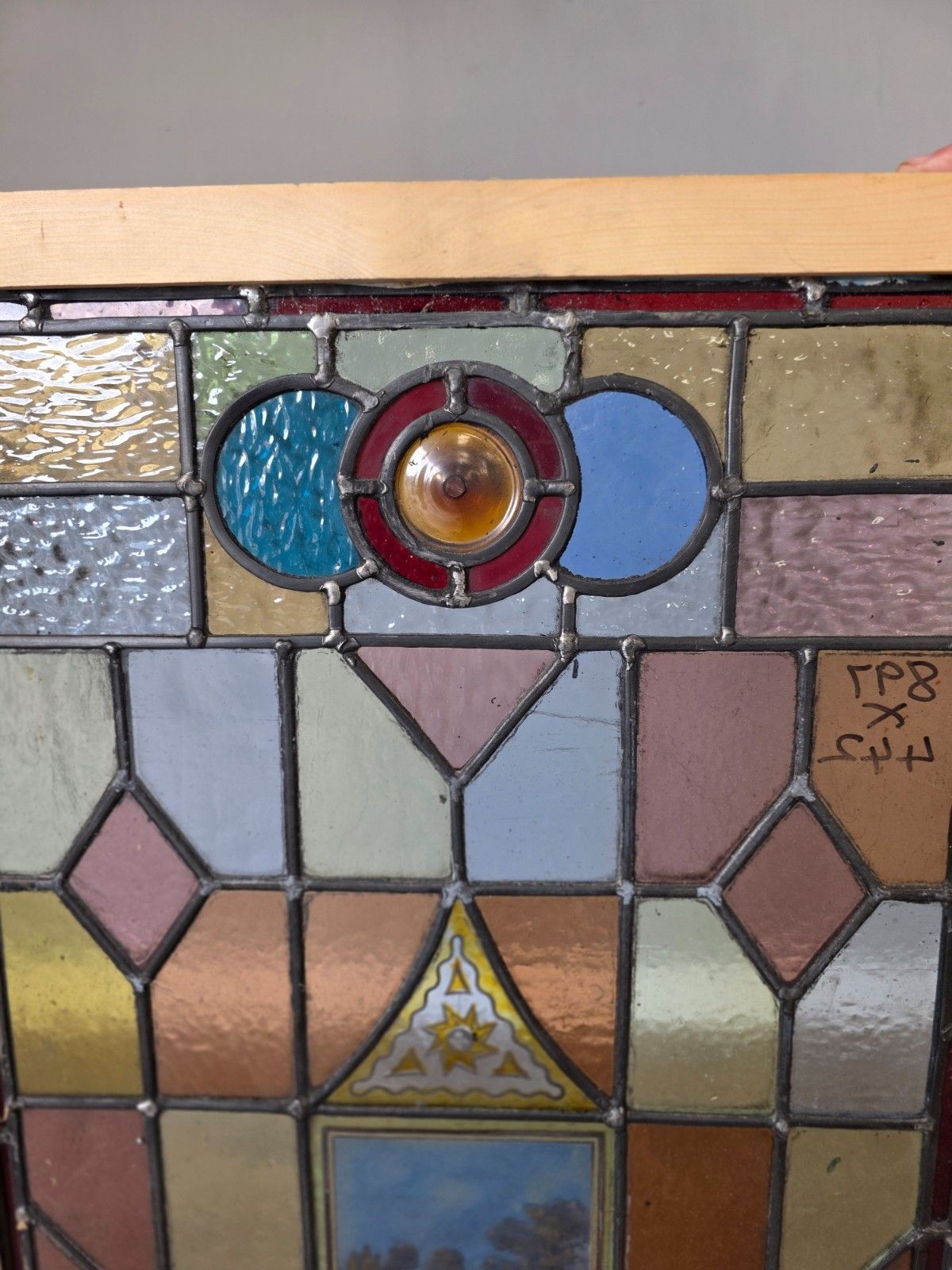 Antique Leaded Glass Window With Hand Painted Country Farmhouse Scene photo for sale