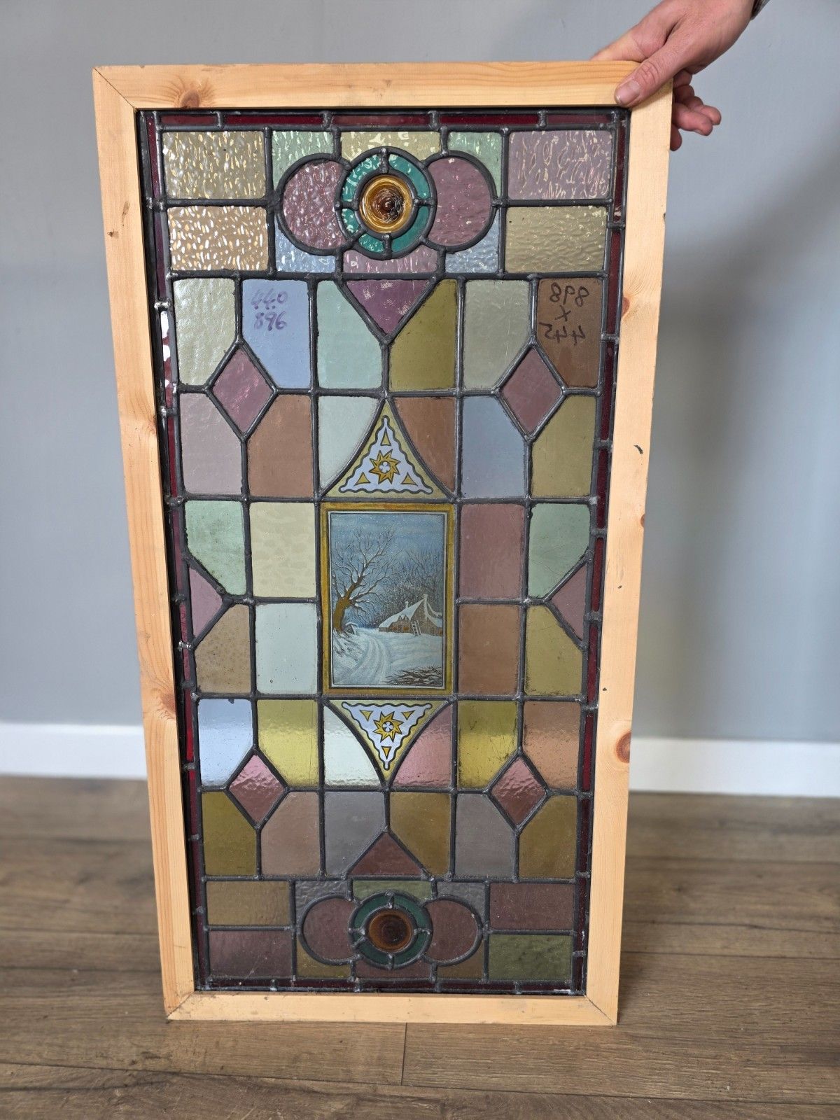 Antique Leaded Glass Window With Hand Painted Winter Scene