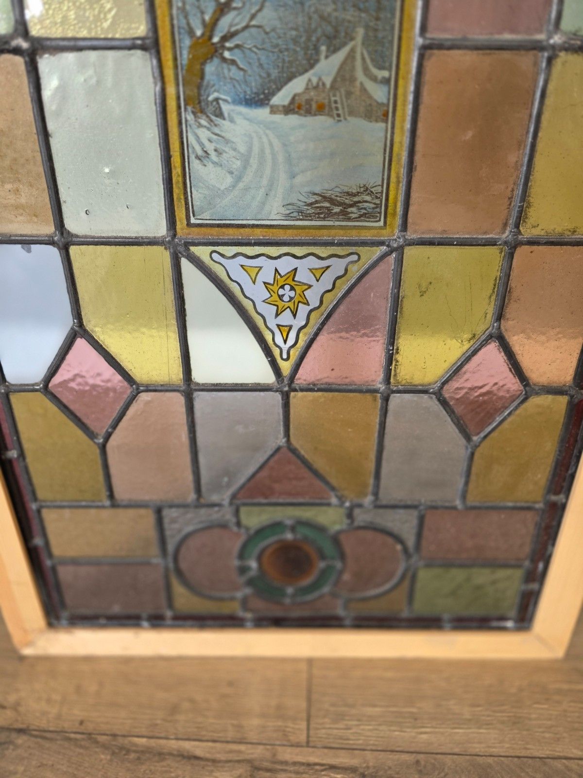 Antique Leaded Glass Window With Hand Painted Winter Scene photo Art