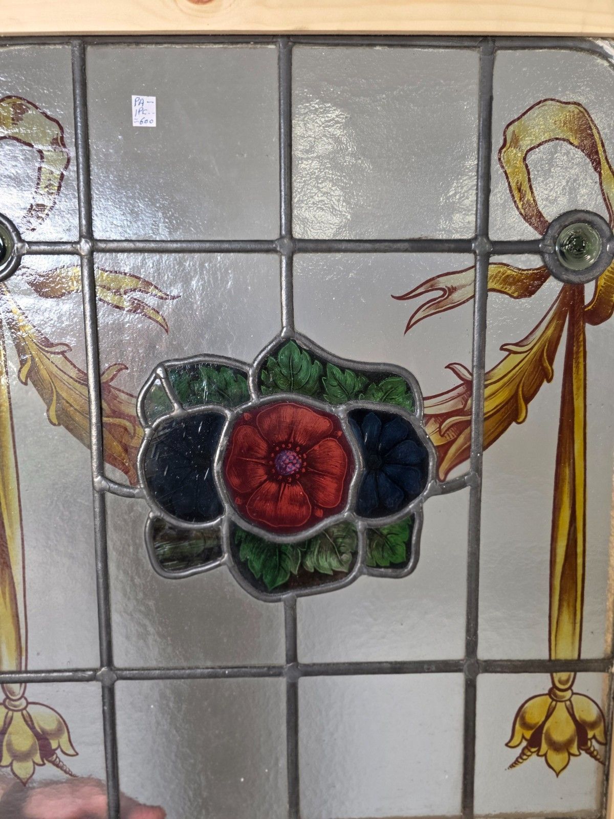 Antique Leaded Glass Window With Hand Painted Detail Of Flowers, Swags And... photo for sale