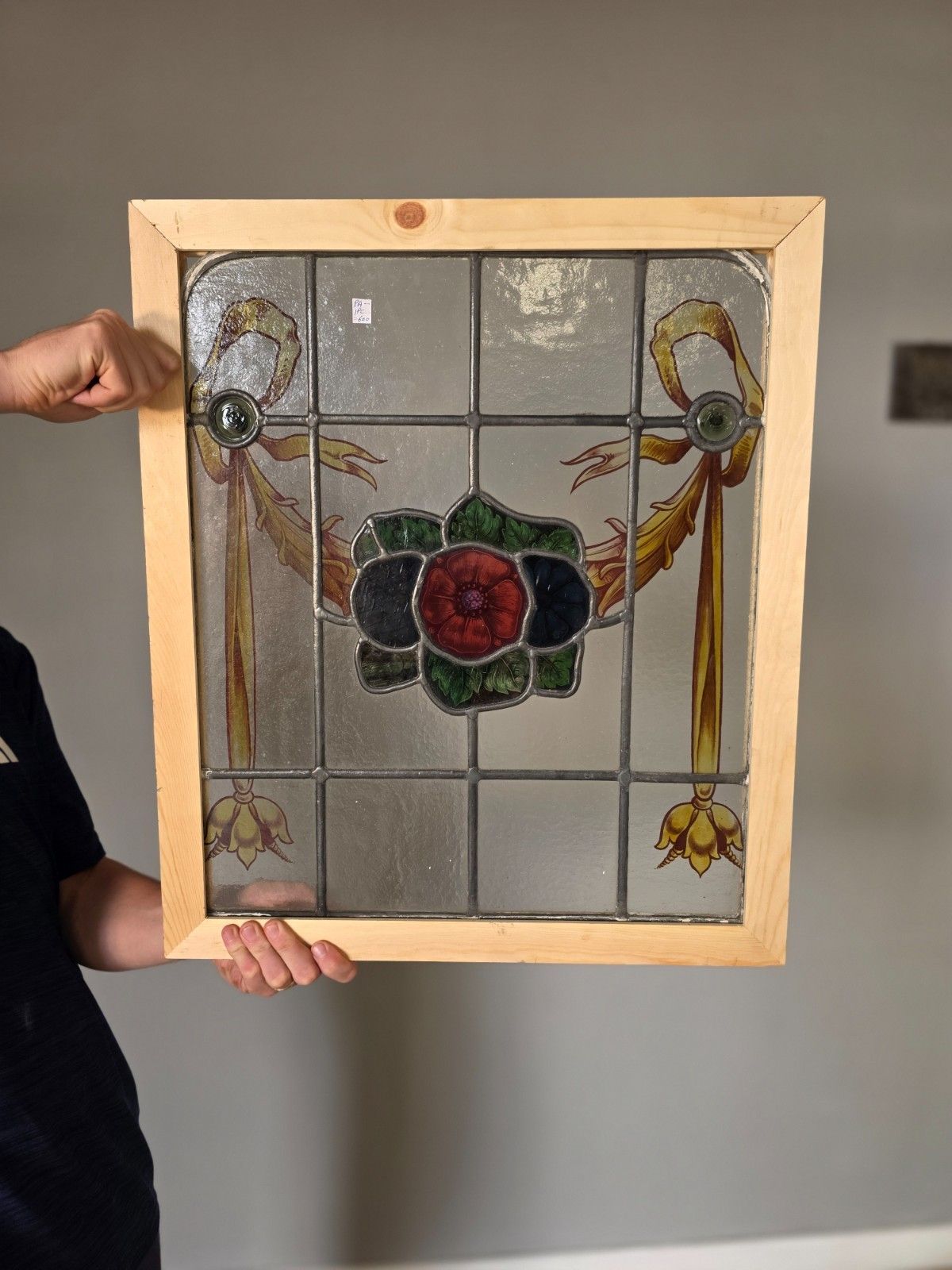 Antique Leaded Glass Window With Hand Painted Detail Of Flowers, Swags And... photo vinterior