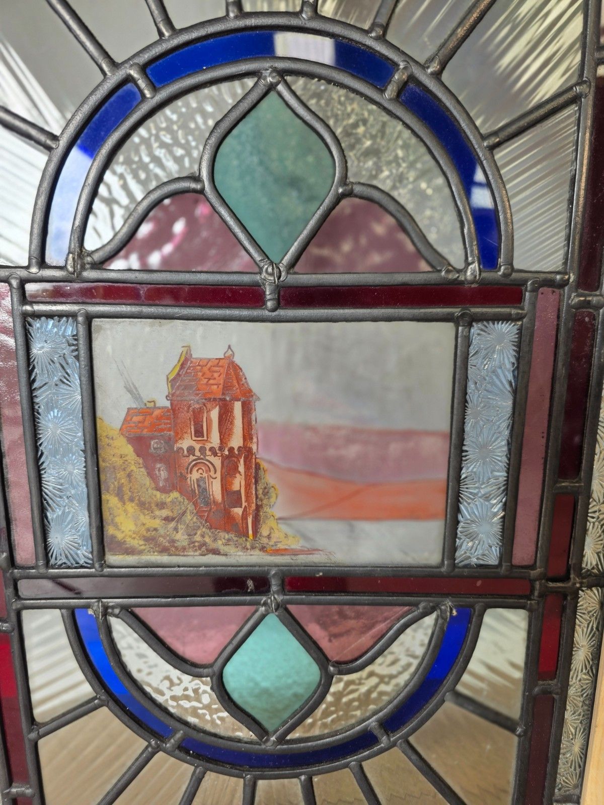1900 Antique Leaded Glass Window With Hand Painted Countryside Scene photo furniture