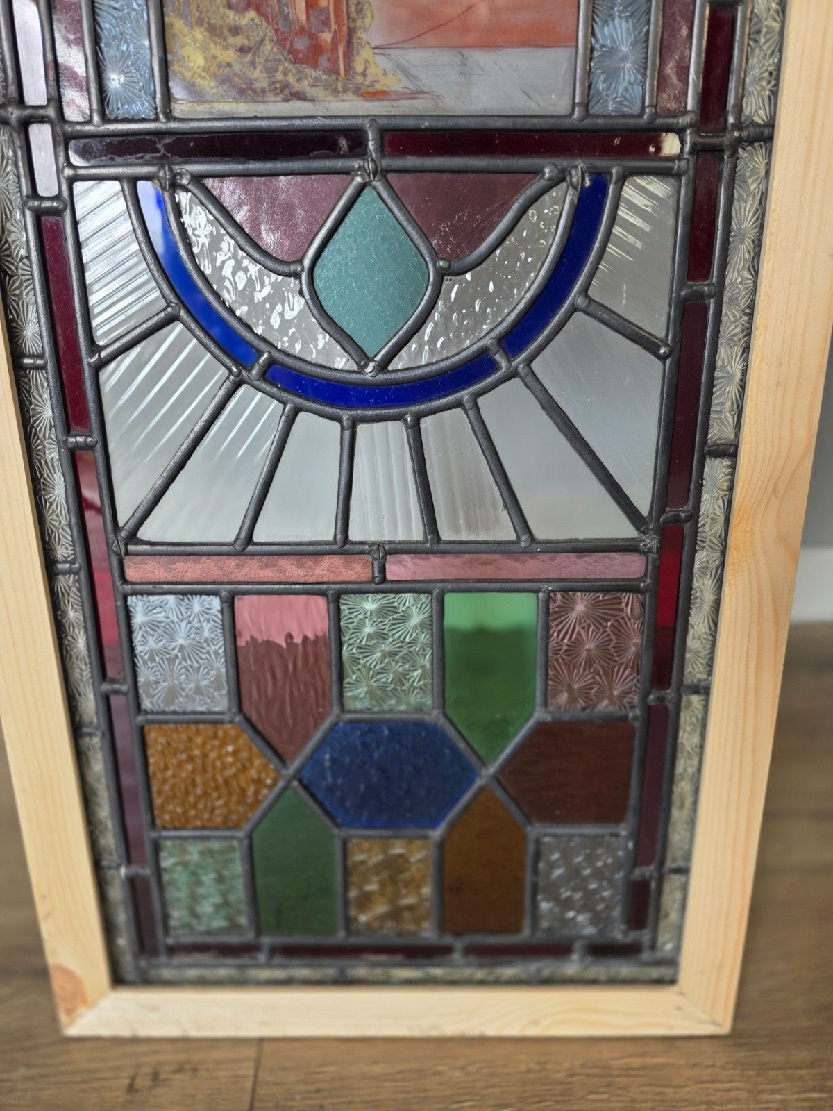 1900 Antique Leaded Glass Window With Hand Painted Countryside Scene photo 825.0
