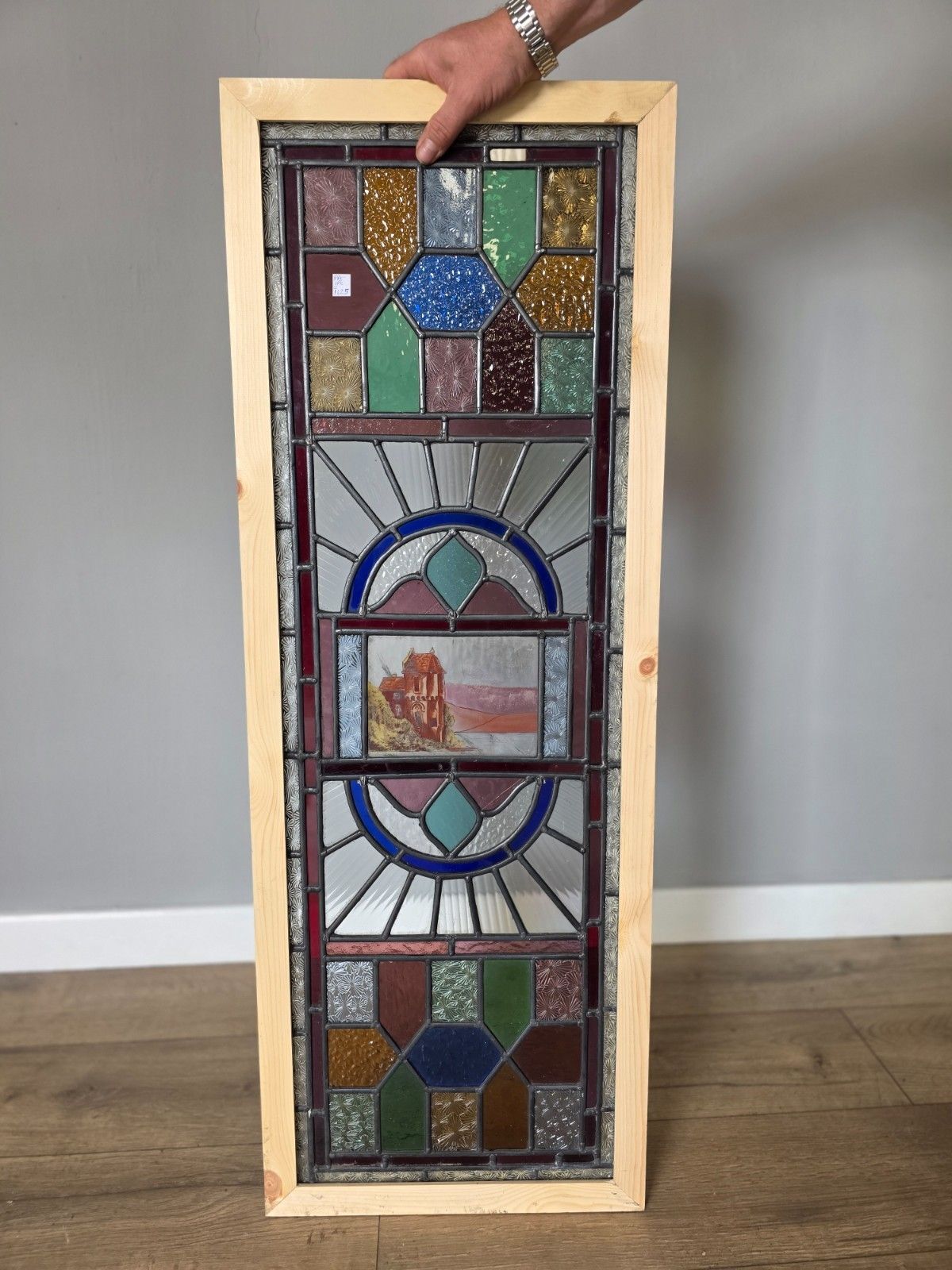 1900 Antique Leaded Glass Window With Hand Painted Countryside Scene photo vinterior
