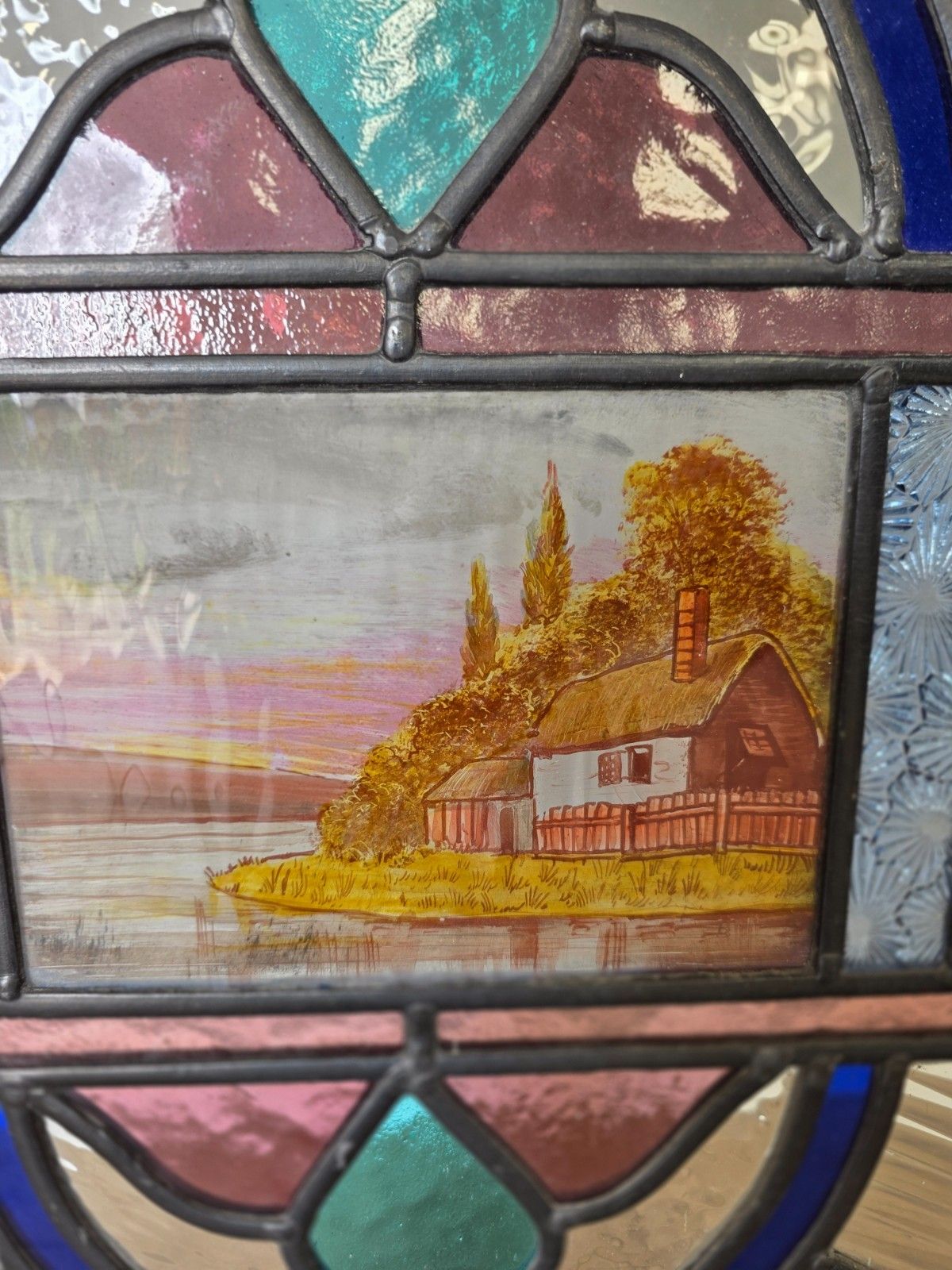 1900 Antique Leaded Glass Window With Hand Painted Countryside Scene photo vinterior