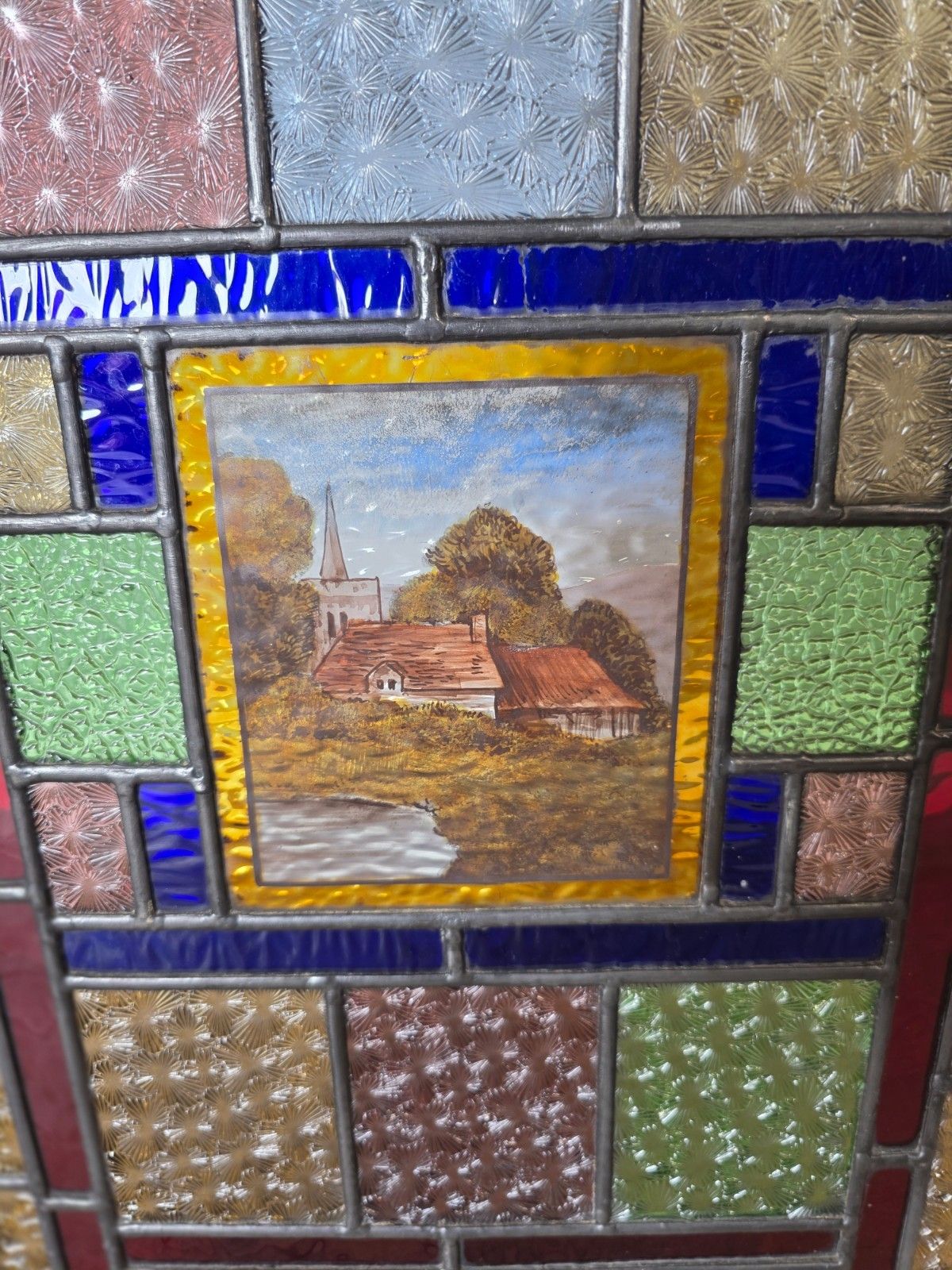 1900 Antique Leaded Glass Window With Hand Painted Countryside Scene photo furniture