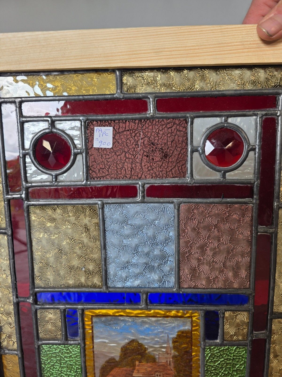 1900 Antique Leaded Glass Window With Hand Painted Countryside Scene photo vintage