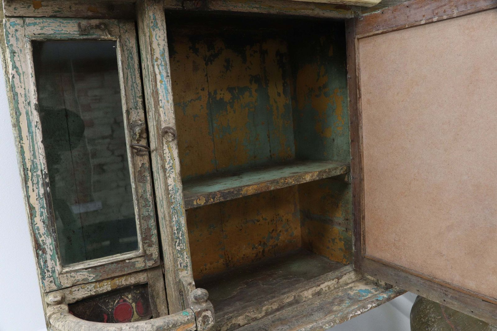 photo furniture 19th Century Yellow Painted Hand Carved Mirrored Indian Cabinet
