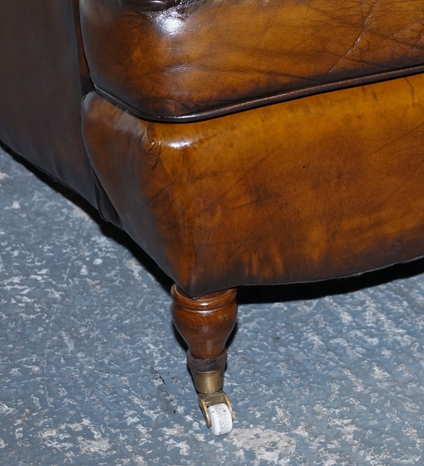 Pair Of Cigar Hand Dyed Leather Howard & Sons Style Armchairs On Castor Feet photo vintage